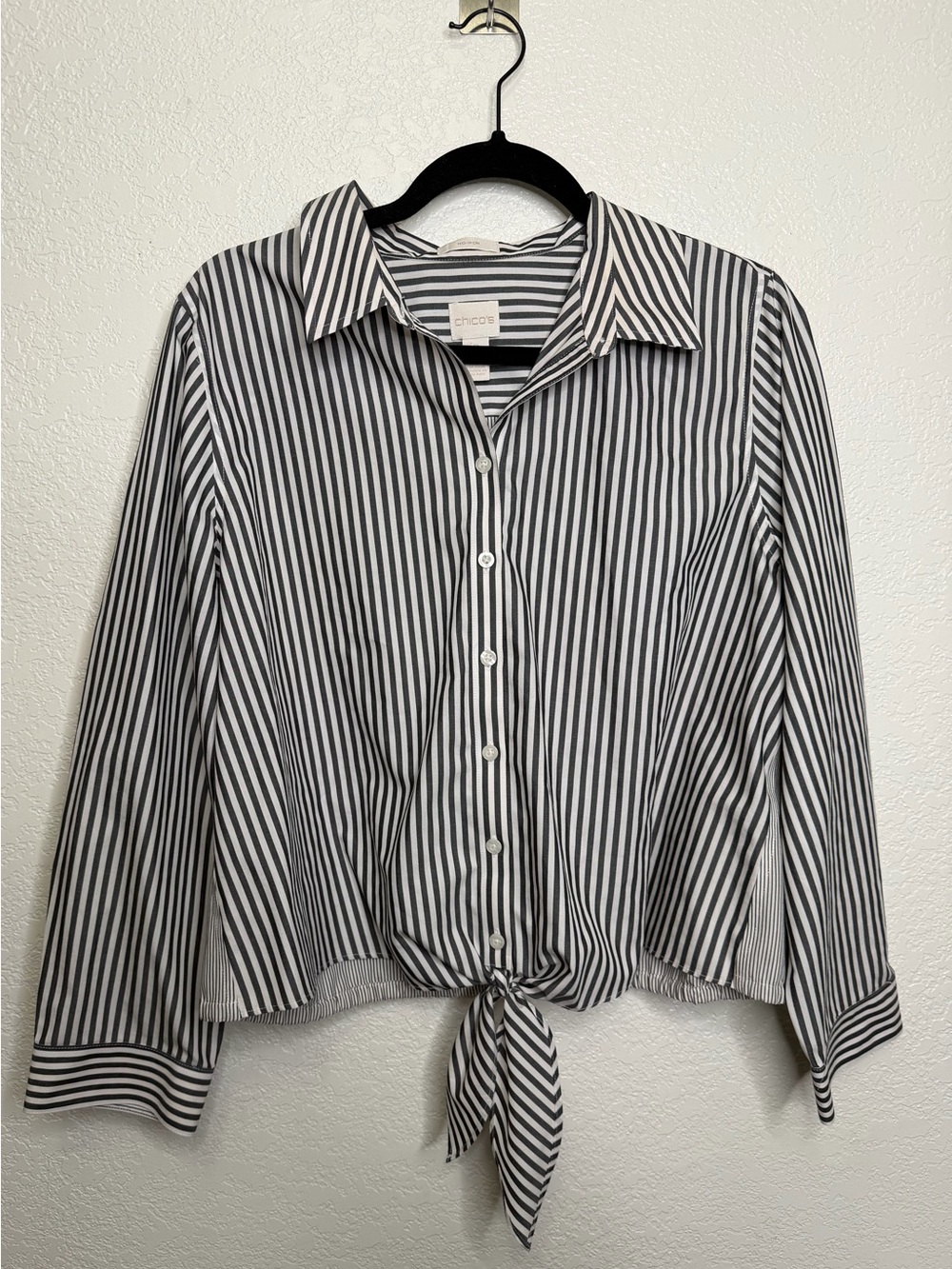 Chico's Tie Waist Black & White Stripe Blouse Button Down Sz 2 Large Nautical